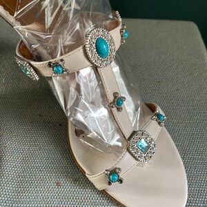 Rare vintage Franco Sarto Cream and turquoise and rhinestone embellished sandals
